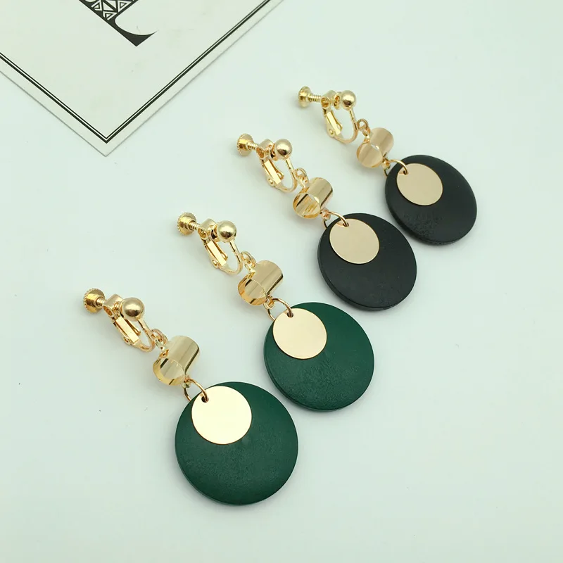 Korean vintage round clip on earrings wihtout piercing ear clips wood women's jewelryin Clip