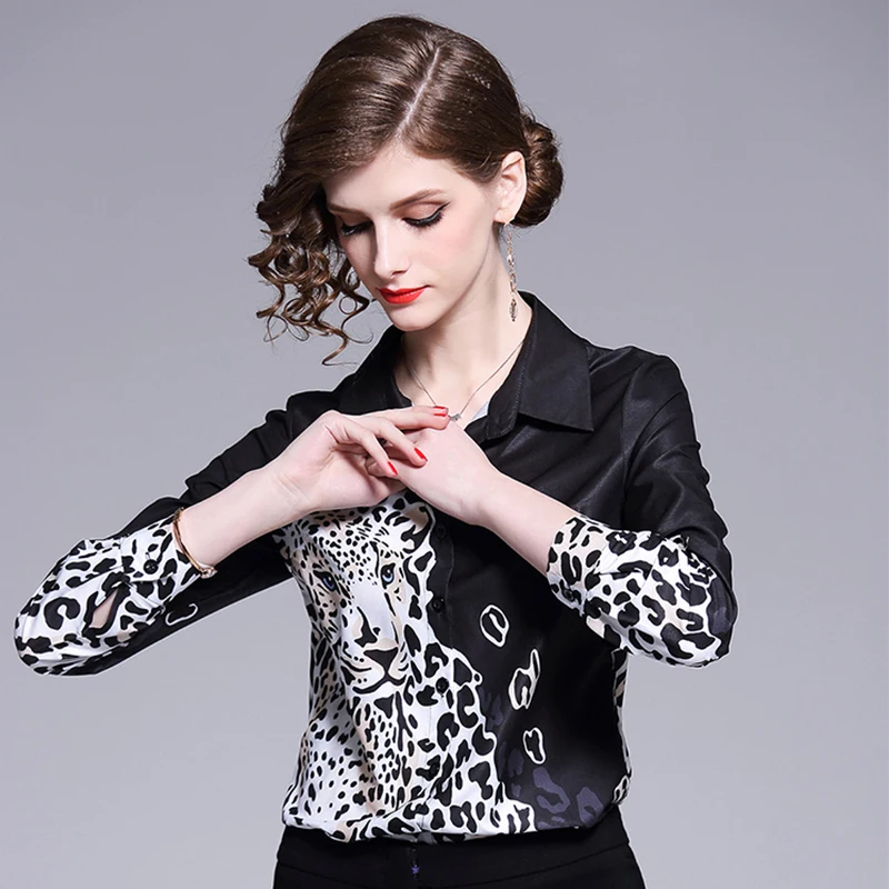 Blusas Mujer De Moda 2019 Женские рубашки больших размеров Повседневные С Длинными Рукавами Леопардовый отложной воротник черные женские футболки