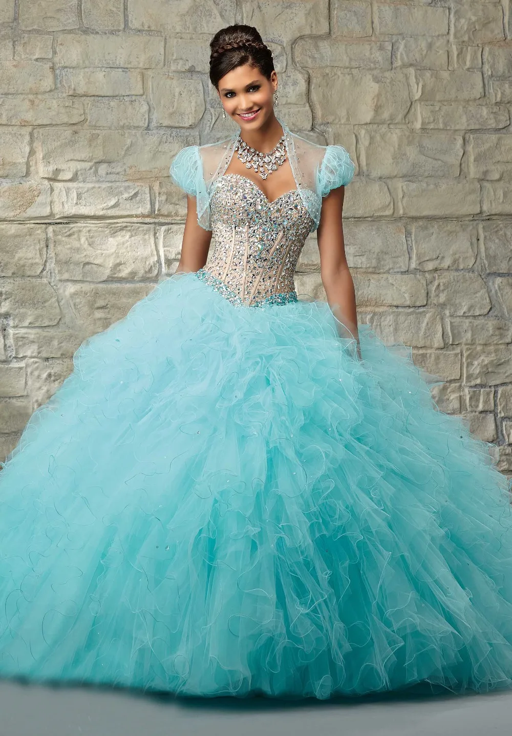 Elegant Two Piece Princess Quinceanera Dresses Ruffles Ball Gowns Satin Crystal Vestidos de