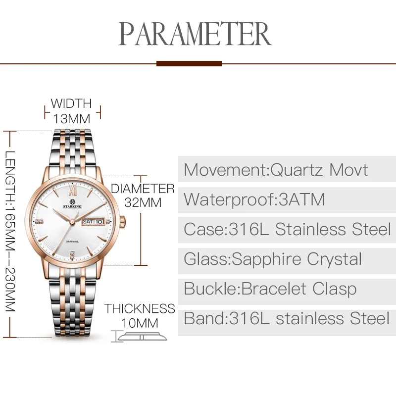 Goedkoop STARKING Top Merk Roestvrij Stalen Armband Horloge Vrouwen Luxe Quartz Auto Datum Jurk Dames Horloge 3ATM Waterdicht Horloges