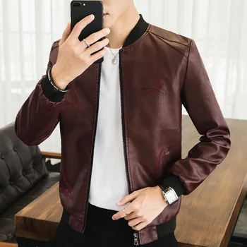 

new 2020 feathers printed leather men's locomotive anti-wrinkle PU leather jacket youth fashion collar leisure leather coat