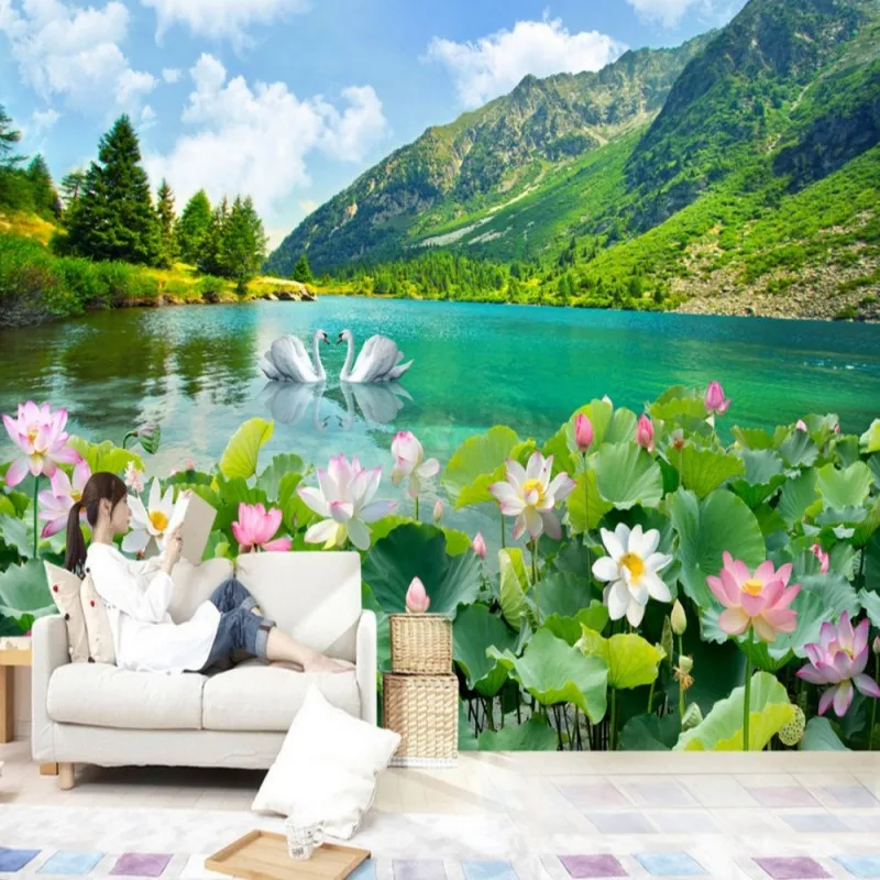 Dropshipping Fatman Flower Wallpaper Swan Lake Landscape 3d Wall Murals Living Room Foto Wallpapers Wall Covering Papel Parede