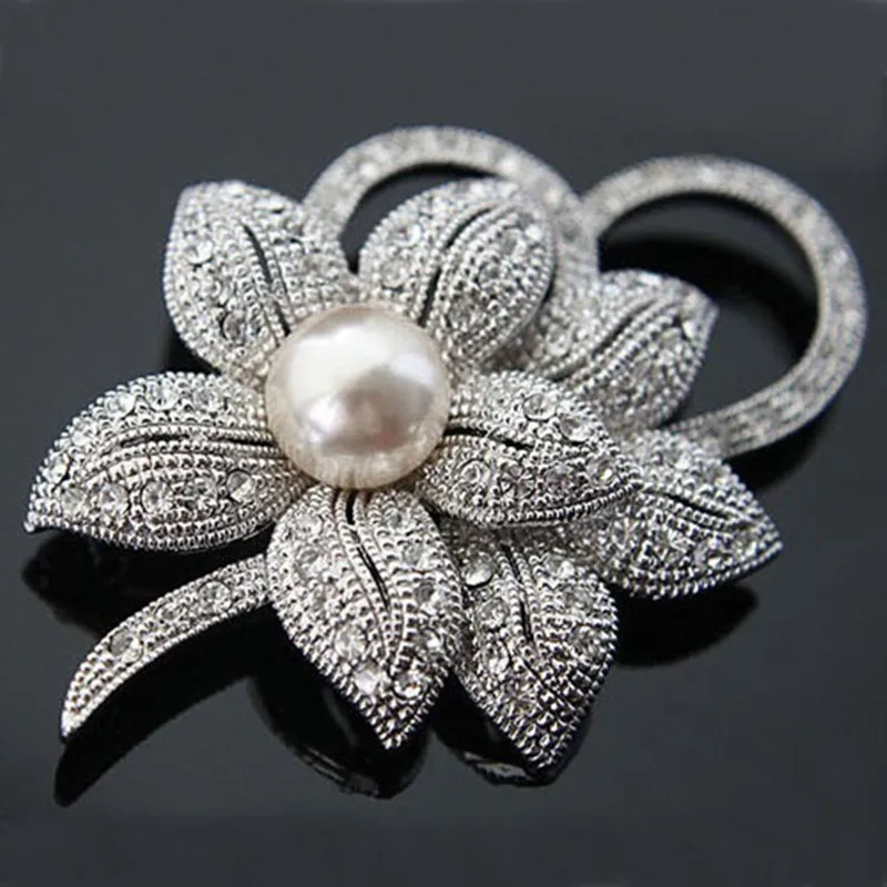 Retail High Quality Vintage Style Rhodium Plated Clear Austria Crystals Imitation Pearl Big Bow Brooch Wedding