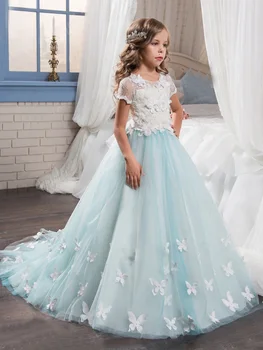 

Girl Lace Sally Patchwork Sleeve Party Dress Kids Girl Wedding Birthday Ball Gown Princess Dress Girls Hollow to Floor Costume