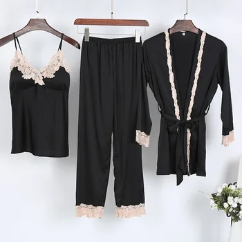 

2019 NEW Night Robe Spring Womens 3pcs Sleepwear Sets Strap Top Pants Suit Casual Pajamas Sexy Nightwear Kimono Bath Gown M L XL