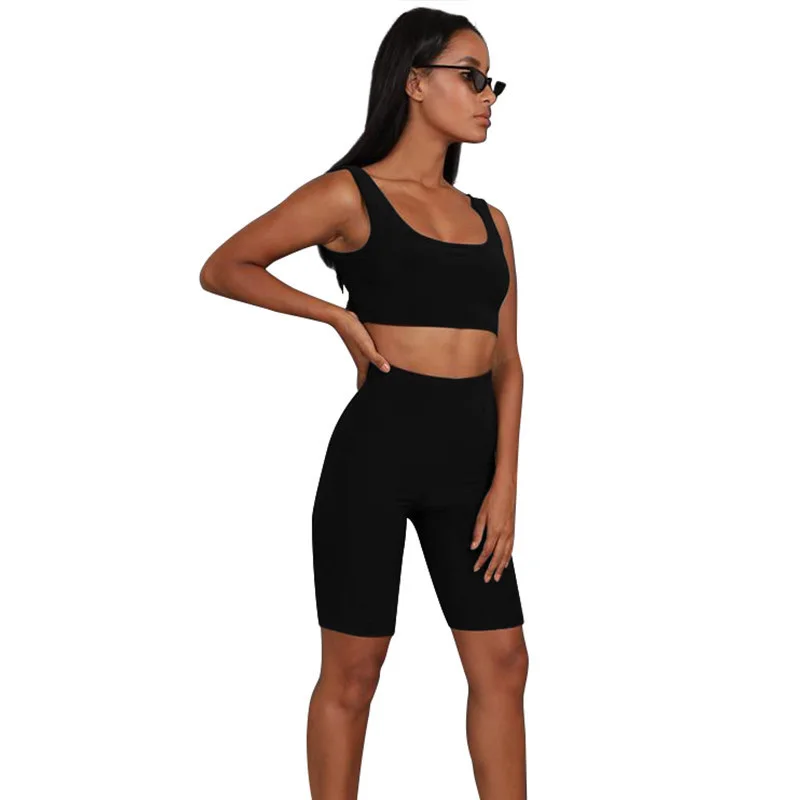 

Women Solid Color Sleeveless Vest Tops + Slim Fit Shorts Pants for Summer TS95