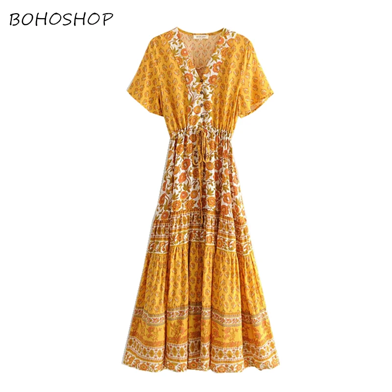 

Vintage chic women yellow floral print bat sleeve beach Bohemian Maxi dresses Ladies V neck Tassel Summer Boho dress vestidos