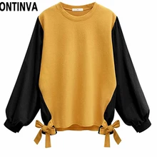 Повседневная футболка контрастного цвета с галстуком-бабочкой с длинным рукавом, женские рубашки размера плюс 5XL 4XL 3XL Femme, модные женские топы