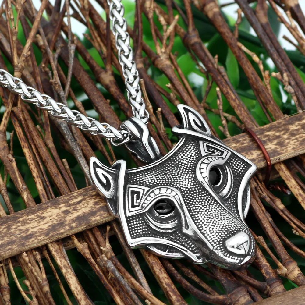 

Men stainless steel norse viking oidn wolf head pendant necklace