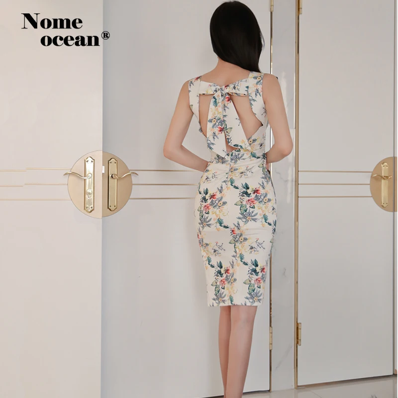 

Deep V-neck Lace-up Backless Bodycon Dresses Floral Print Sexy Office Lady Flower Midi Dress High Slit OL Female Dress M19071511