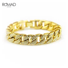 ROMAD Майами панцирного плетения кубинский браслет для Для мужчин золотого цвета в стиле «хип-хоп» браслет со стразами покрытый стразами CZ, реперские кепки браслет ювелирные изделия R2