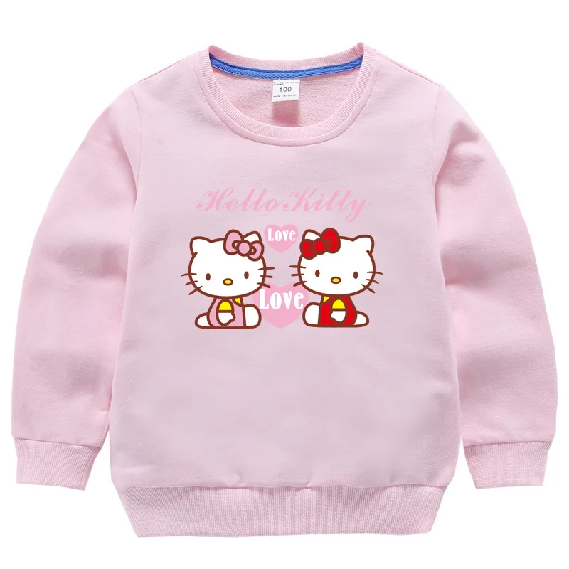 Толстовки с капюшоном для девочек детские футболки с длинными рукавами и принтом «hello kitty» Модные топы для маленьких девочек, хлопковые футболки с героями мультфильмов для детей От 1 до 8 лет - Цвет: pink