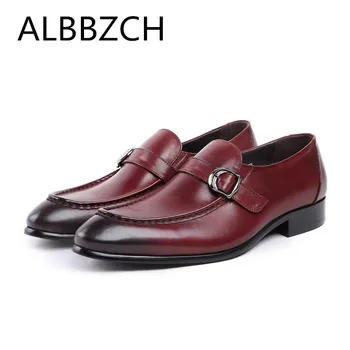 

Genuine leather dress shoes men wedding shoes fashion buckle brand design quality cow leather casual shoes pointed toes loafers
