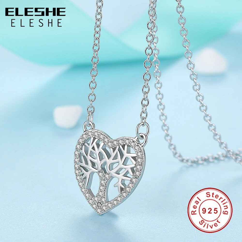ELESHE Romantic Real 925 Sterling Silver Crystal Heart Shape Tree of Life Pendant Necklaces for Women Fashion Jewelry Collares