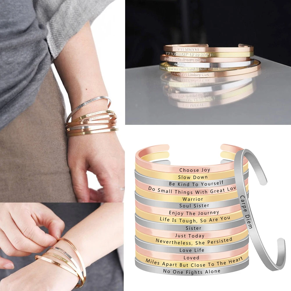 

Personalized Jewelry Inspirational Quotes Hand Stamped Cuff Bangle Mantra Bracelet Minimalist Cuff Bangle For Men Women
