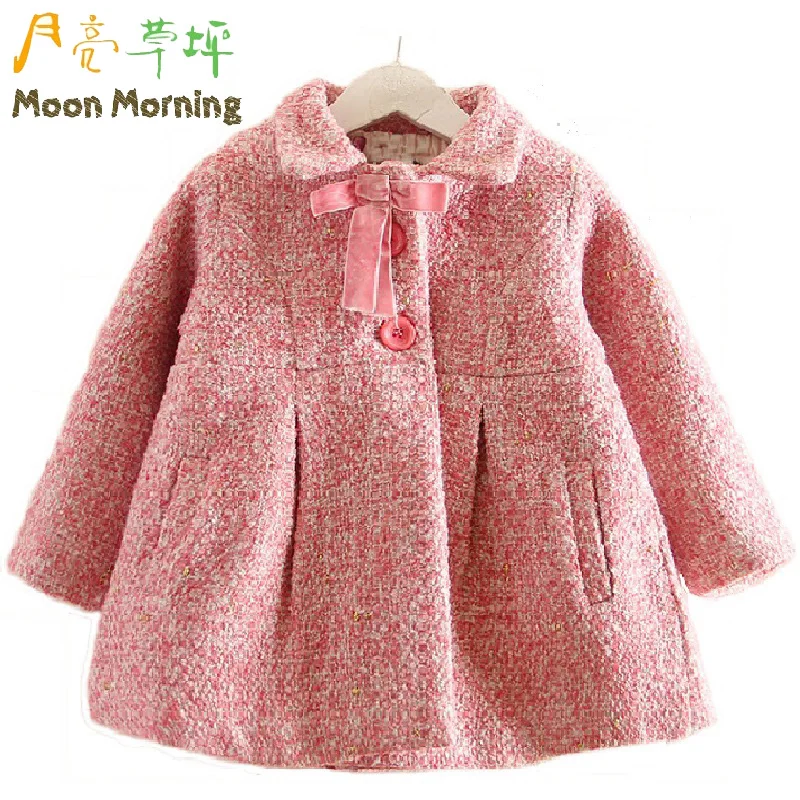 

Moon Morning Kids Trench Autumn Winter 3T~12T Bow Pink Long Sleeve Children Jacket Warm Wool Sweet New Branded 8T  Girls Clothes