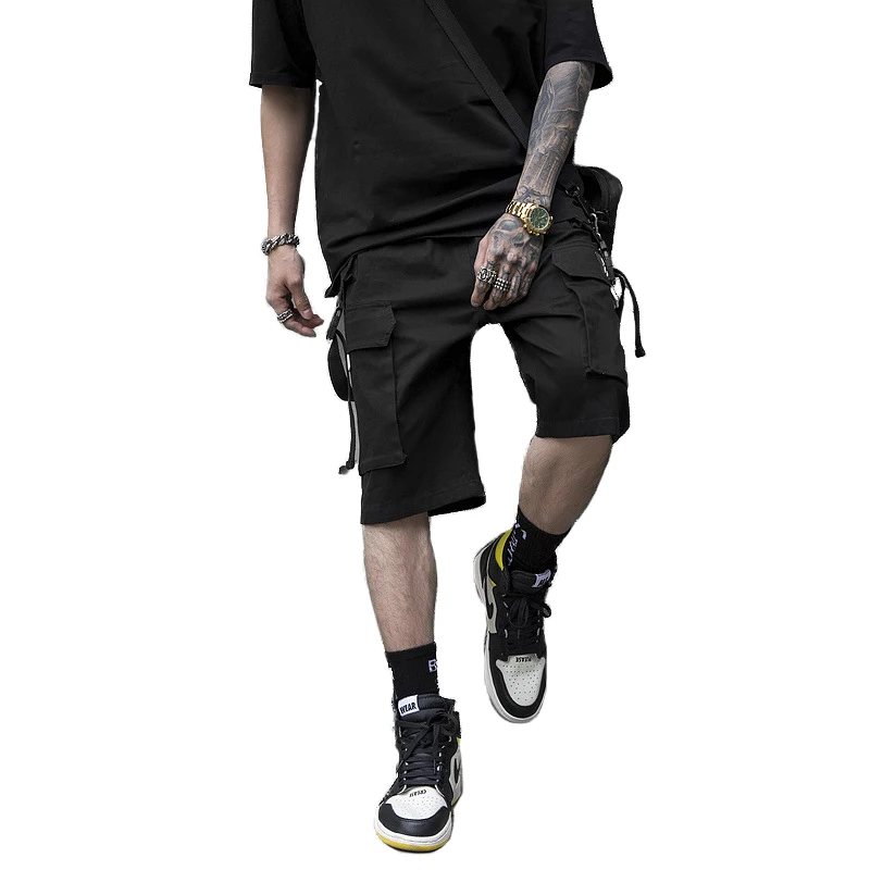 

ABOORUN Men's Hip Hop Cargo Shorts Multi Pockets Ribbons Shorts Summer Knee Length Harem Shorts for Male R546