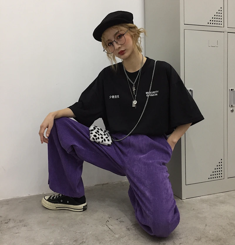 Винтажные фиолетовые однотонные вельветовые свободные прямые широкие штаны с завязками на подоле, шаровары в стиле хип-хоп, спортивные штаны, уличная одежда, корейские повседневные штаны
