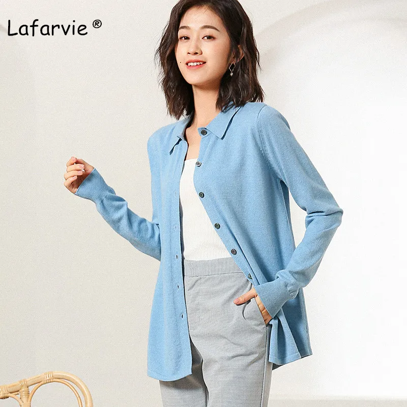 Lafarvie Spring Autumn Knitted Turn-down Collar Sweater Cardigan Women Tops Long Sleeve Knitting Jacket Female 6 Colors S-XXL