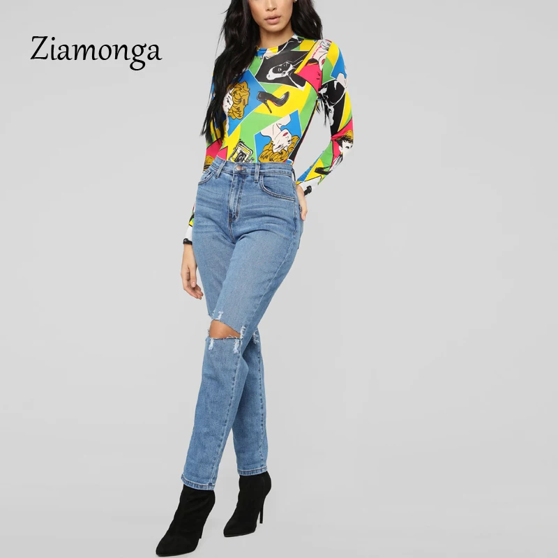 Ziamonga сексуальный женский боди с принтом персонажа, высокий ворот, длинный рукав, боди, топы, осень, элегантные комбинезоны, женский комбинезон