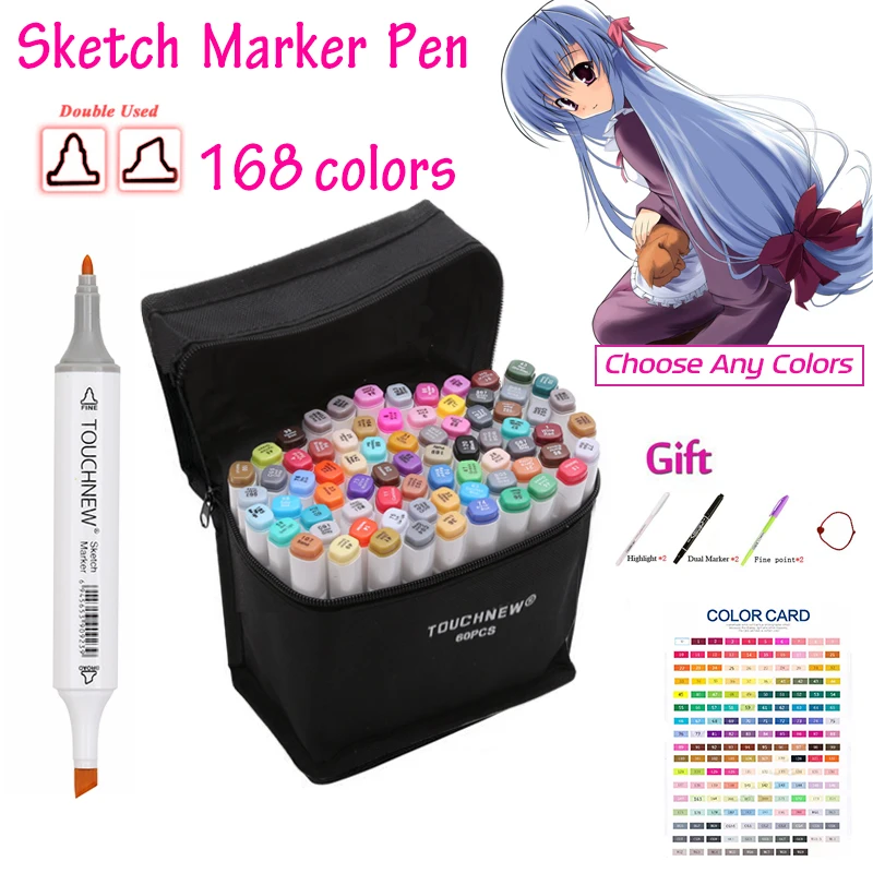

TOUCHNEW 168Colors Can Choose any Colors Markers Set Dual Headed Sketch Marker Pen For Drawing Manga Animation Art Supplies