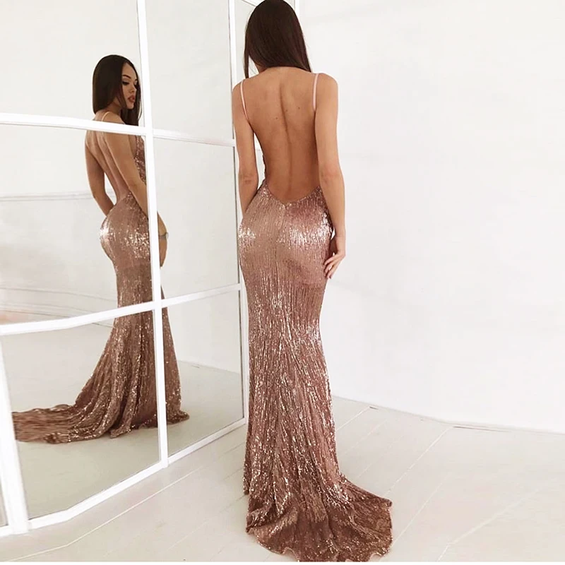 Ceny Sexy V Neck szampana złota cekinami sukienka w dużym rozmiarze długość podłogi sukienka na imprezę bez rękawów bez ramiączek Backless długa sukienka syrenka
