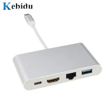 Kebidu 4 K кабель-Переходник USB C на HDMI Gigabit Ethernet RJ45 Порты и разъёмы USB 3,1 Тип C адаптер USB-C разветвитель для Macbook HDTV Chromebook Pixel