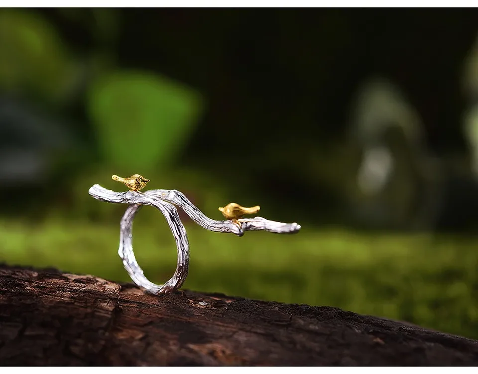 Lotus Fun Moment Настоящее стерлингового серебра 925 природных ручной работы Модные украшения птица на ветке Регулируемые кольца для Для женщин