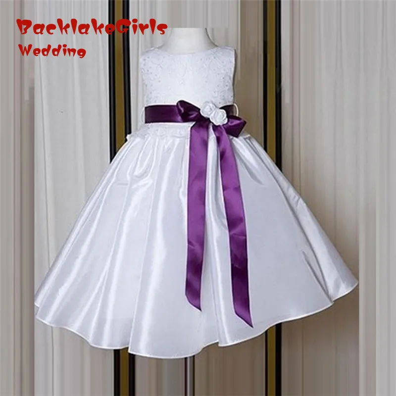 Flower Girl Dresses For Wedings A Line Kids Frock Designs Purple Ribbon