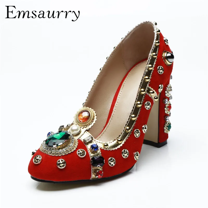 

New Chic 2019 Antique Diamond Women Pumps Luxury Red Suede Rhinestone Chunky High Heel Wedding Shoes Woman