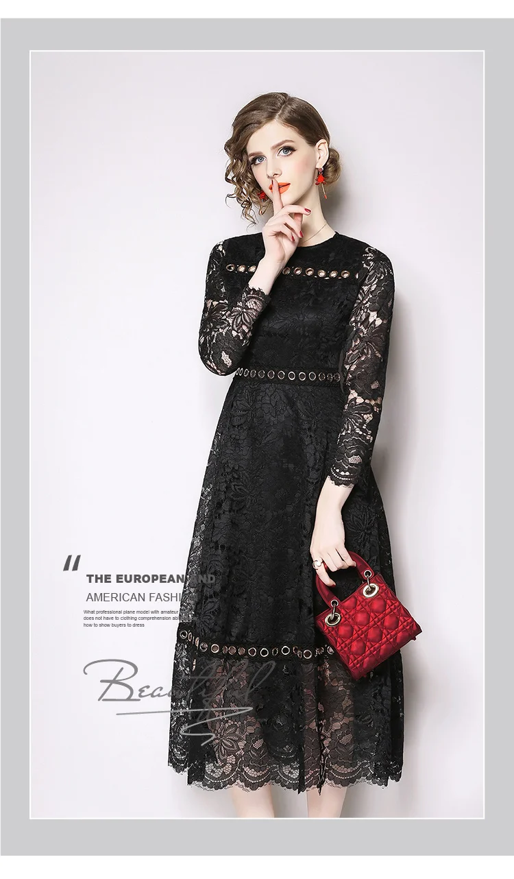 Винтажное черное кружевное платье миди Ropa De Mujer весенние женские платья Kleider Damen Vestiti Donna Dames Jurken K6210