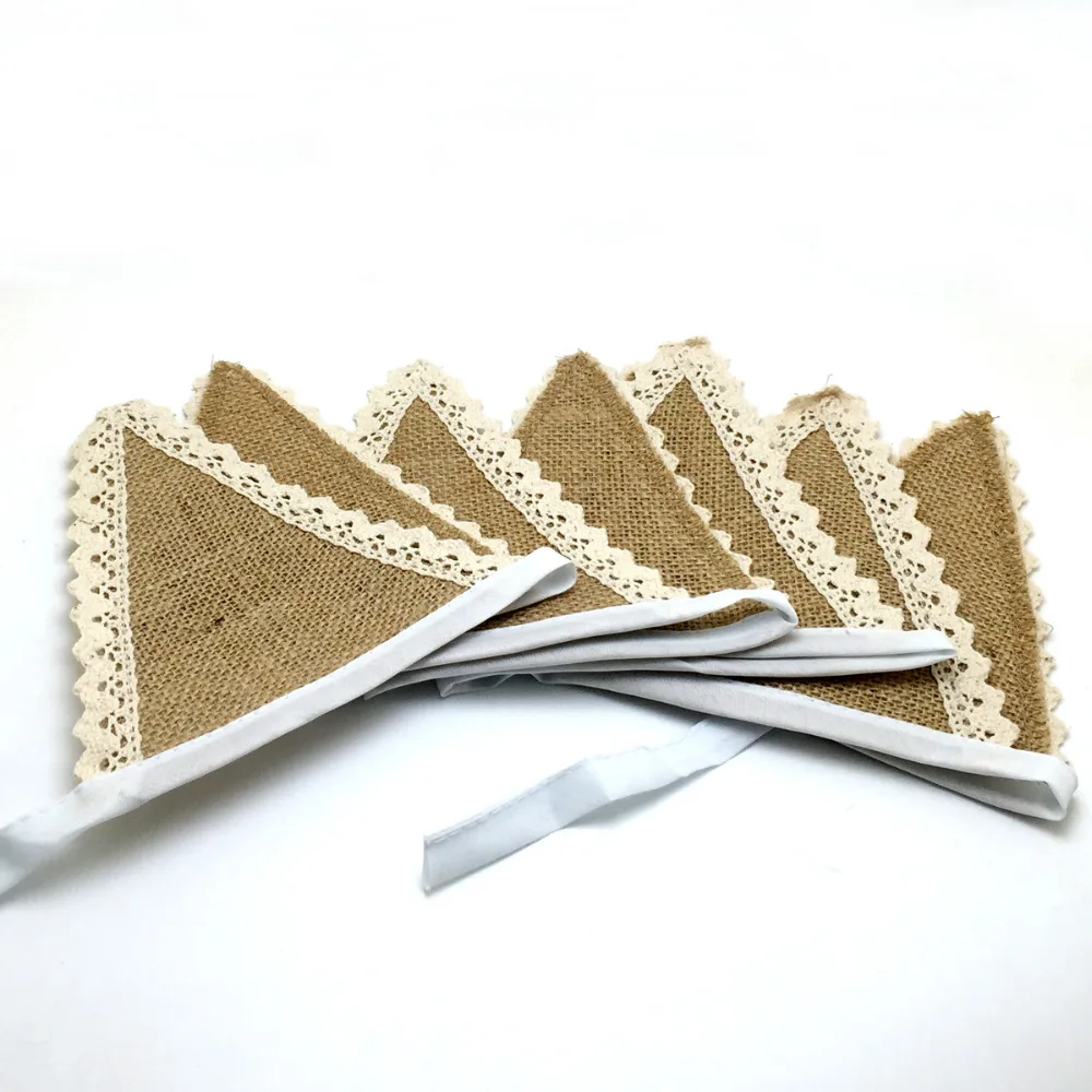 

50Pcs/lot 1.6M 8 flags Wedding Vintage Banner Home Decor Hessian Fabric Bunting Burlap Cord Jute Rope Photobooth Lace Flag