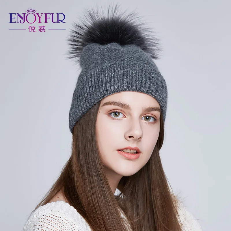 ENJOYFUR зима натуральный мех Pom Hat для Для женщин толстый теплая шерсть шапки леди шляпу громоздкая шапочки меховая шапка женская - Цвет: 03C