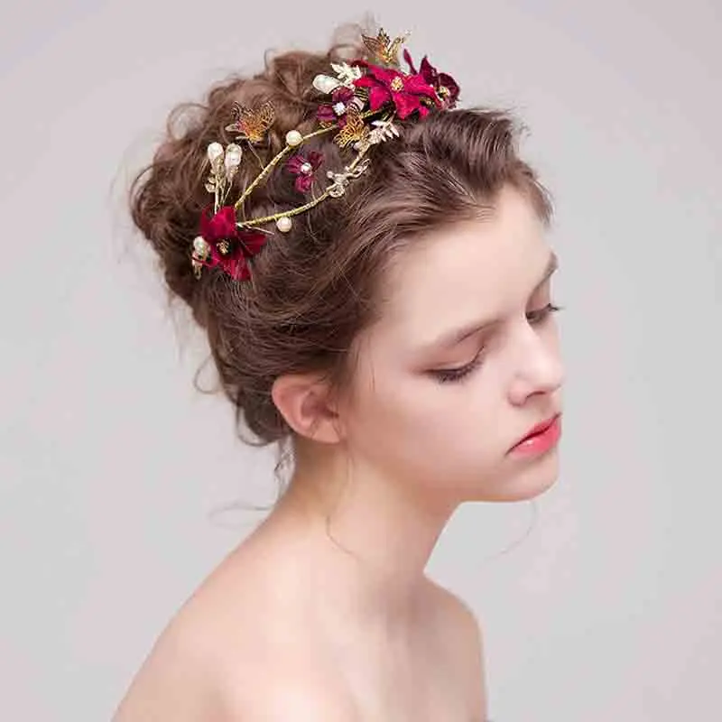Buy Long Red Flower Butterfly Hair Bands Wedding Hair