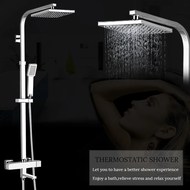 

New Modern Chrome Finish Thermostatic Rain Shower Set Faucet ABS Shower Head W/ ABS Hand Shower Spray Mixer Tap Wall Mounted