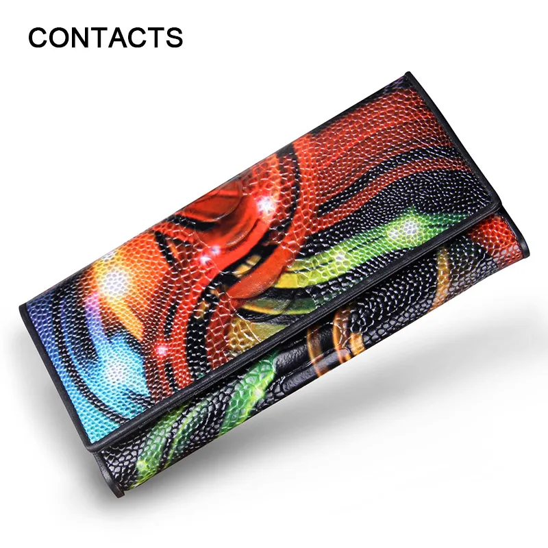  Women Wallets Genuine Leather Ostrich Medium-Long Organizer Wallet Plastic Surface Vintage Lady Clutch Carteira Feminina Purse 