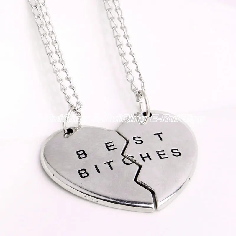 2PC/Set Heart Friendship Parts Charm Pendant Necklace Chain Party Fashion Jewelry Silver Plated Best Bitches Broken | Украшения и