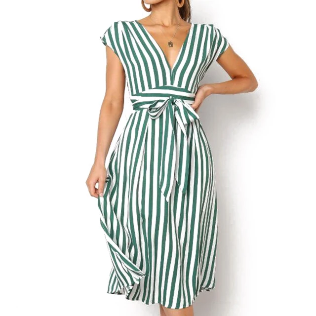 2019 Summer Dress Short Sleeve Striped TShirt Dress Drawstring High ...