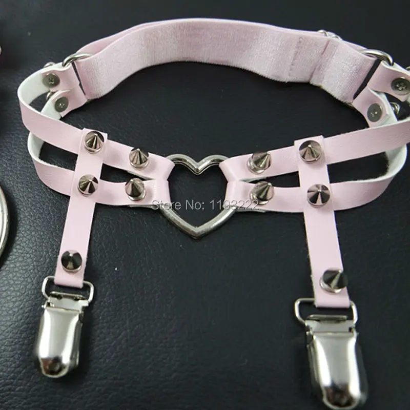 Wholesale Sexy Handmade Punk Rock Harajuku Leg Garter, Big Spiked Heart Adjustable Leather Garters, Double Studded Thigh Straps