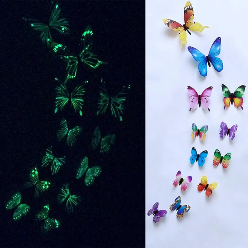 12pcs Luminous glow in dark Butterfly Design Decal Magnetic magnet sticking 3D double feather butterfly fridge stickes 802 - Цвет: C