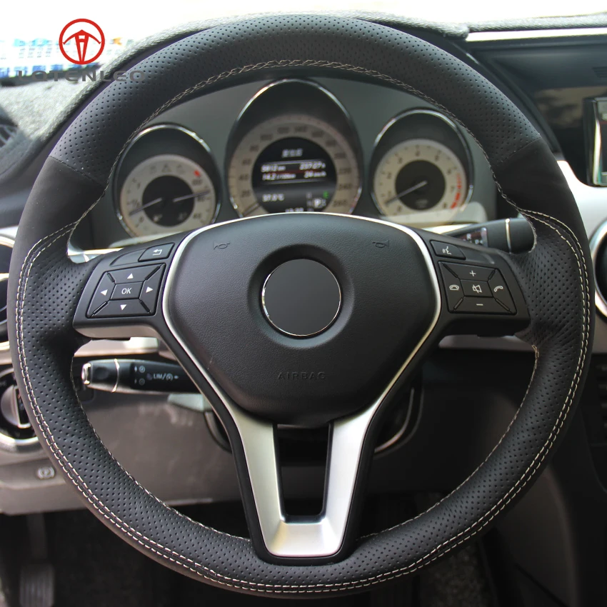 LQTENLEO Black Genuine Leather Suede Car Steering Wheel Cover for