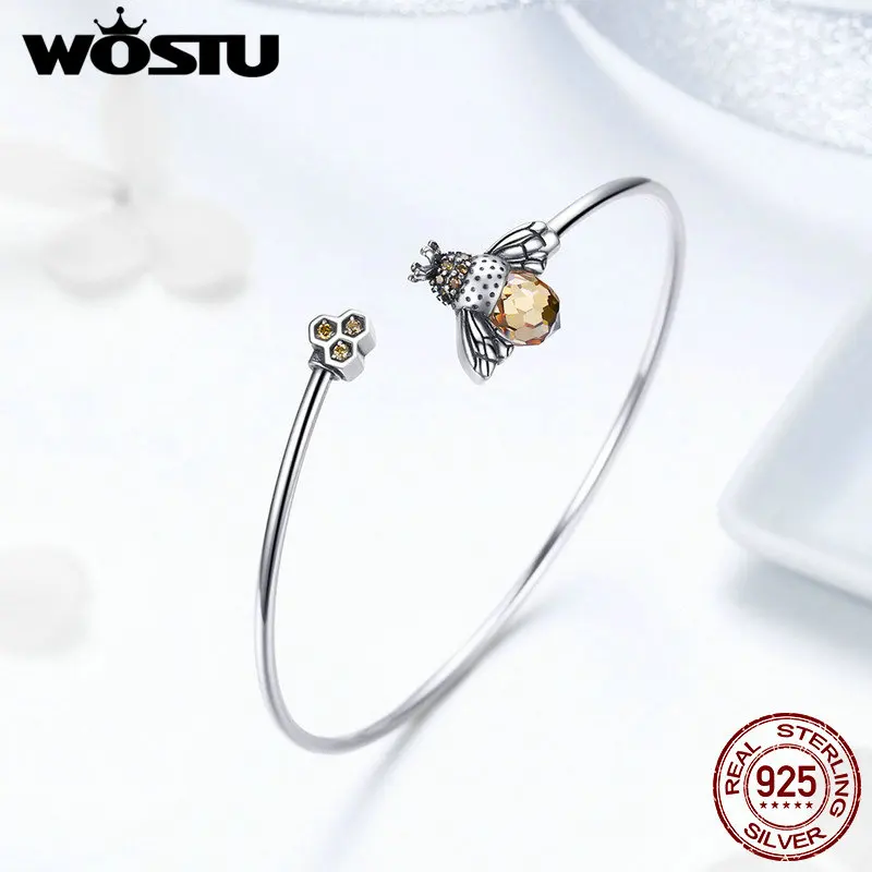 Koop WOSTU Echt 925 Sterling Zilveren Heet Verkoop Bee Glitter Chain Armband Voor Vrouwen Originele Link Bangle Mode sieraden Cadeau CQB104