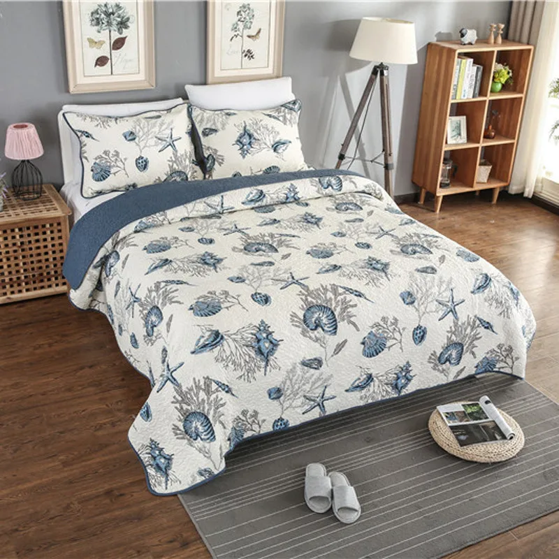 100%Cotton Soft Quilted Set 3Pieces Queen Size Bedspread Reversible Leaves Birds Paisley printed Chic Bedspread Coverlet Set