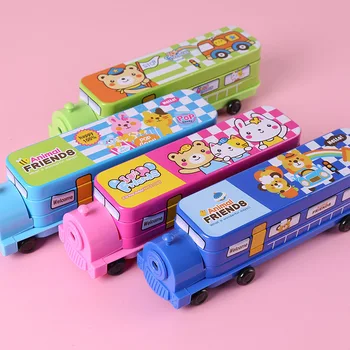 

Free ship!1lot=4 pc!Healer stationery / double cartoon styling iron pencil case/ locomotive with a pen knife stationery box