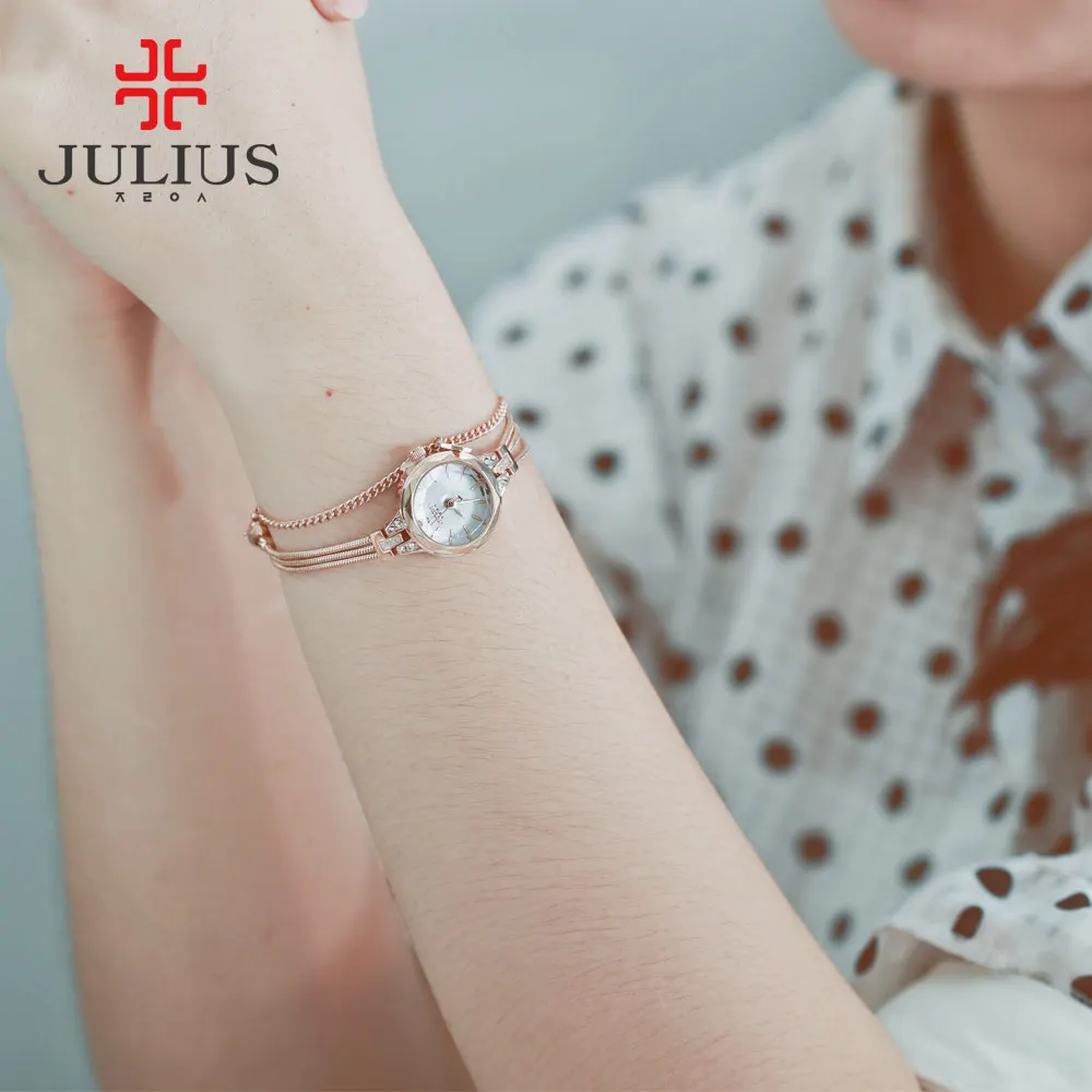 Женские наручные часы JULIUS золотистые с браслетом из натуральной латуни модель 2017