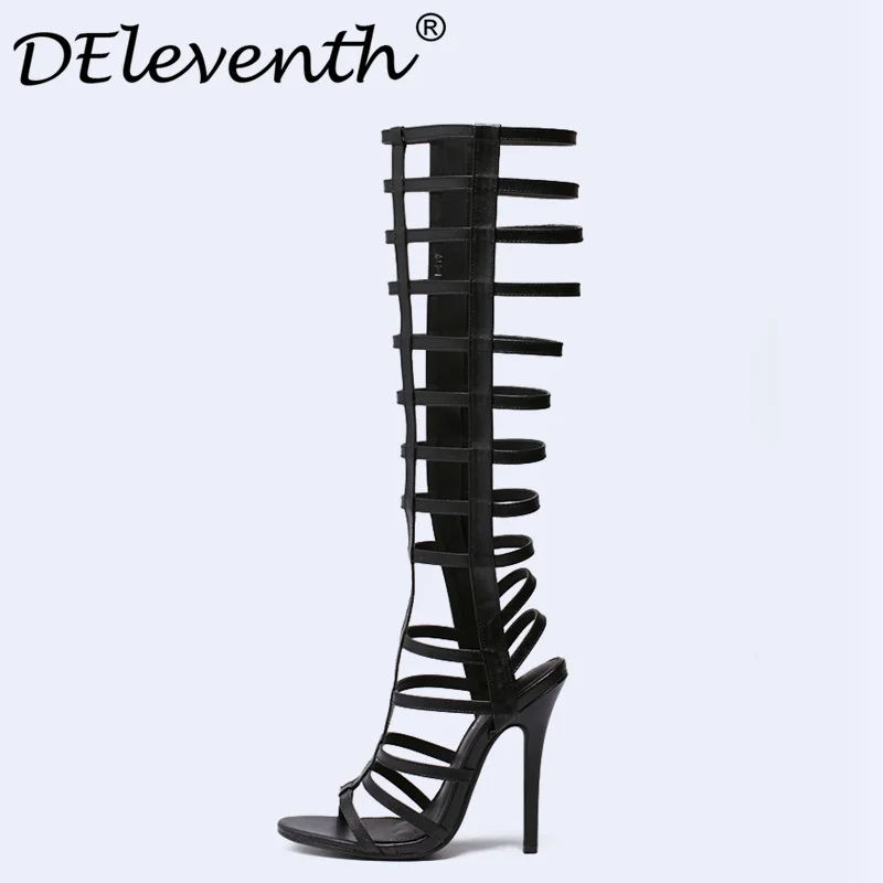 

DEleventh Sexy PU Women Sandals Thin High Heels Gladiator Hollow Out Zipper Fashion Summer Ladies Party Dress Woman Femme Shoes