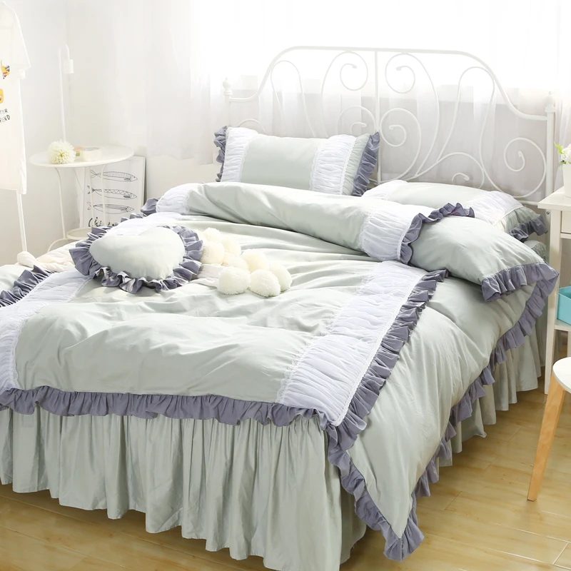 

5pcs 100%Cotton Princess style Bedding Set bed skirt Duvet Cover Pillowcase Twin Full Queen King Size