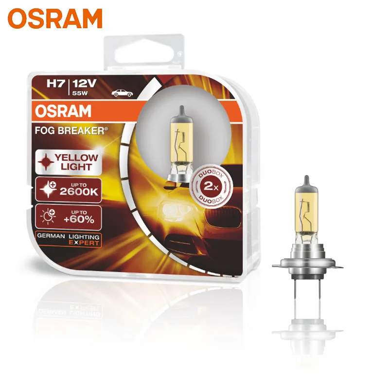 OSRAM противотуманный выключатель H7 12 В 55 Вт 2600 к желтый цвет Авто головной светильник лампы Hi/lo луч+ 60% светильник+ 200% желтый 62210FBR(двойной