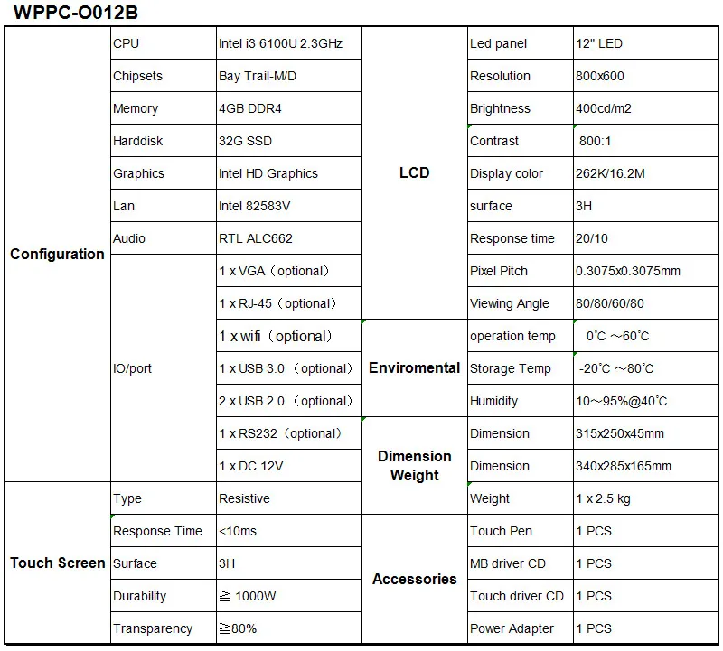 Промышленные ПК Intel i3 6100U 2,3 ГГц 12 "безвентиляторный TFT светодио дный Разрешение 800*600 5 резистивный сенсорный с VGA/HDMI/LAN/USB/COM