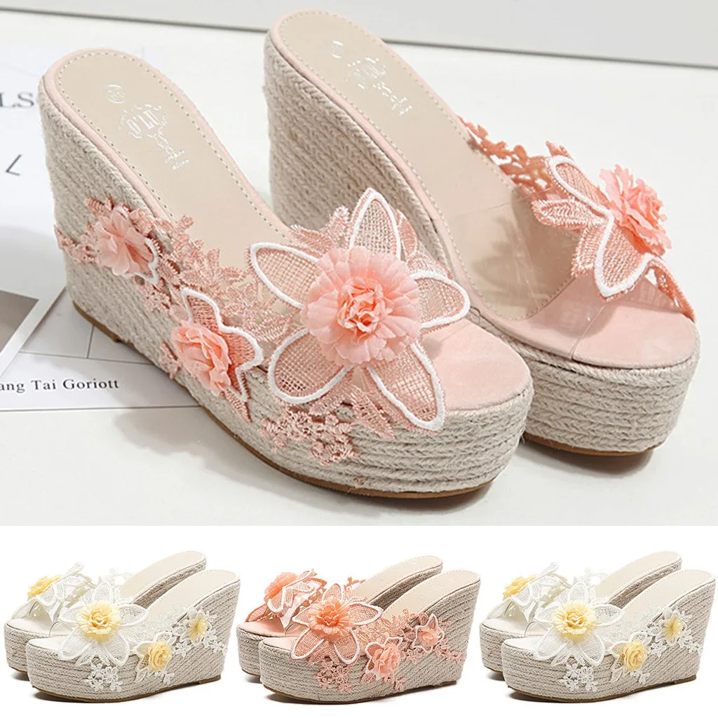 

shoes woman sandals high heels zapatos de mujer Summer Lace Sweet Romantic Platform Hemp Sandals Wedge Beach Women Slippers